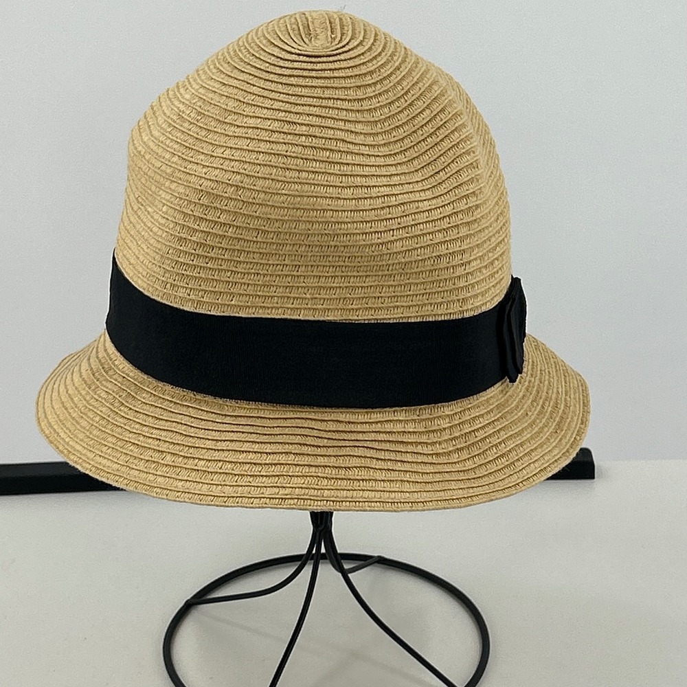 World Market Straw Cloche Hat Tan‎ Paper Braid Black Grosgrain Ribbon Bow Accent